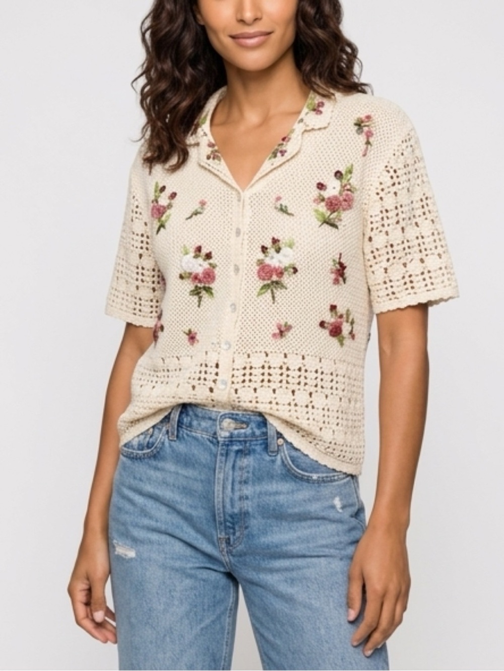 Vintage Short-Sleeve Crochet Cardigan with Pink & Green Floral Embroidery